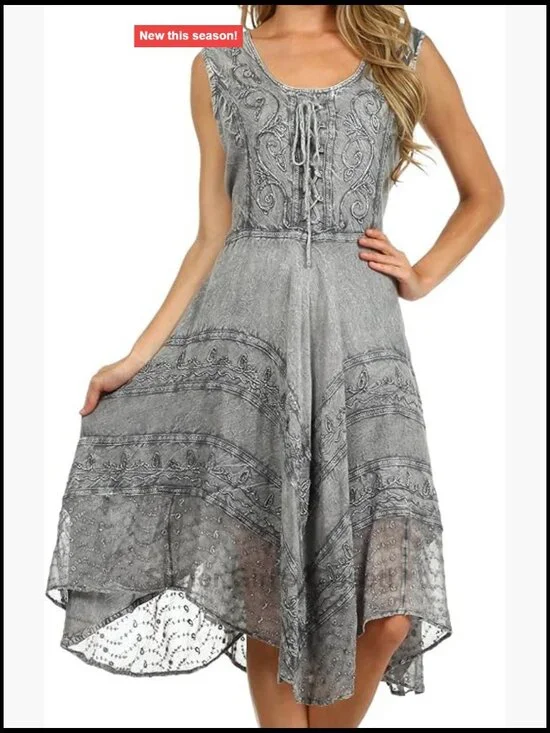 Stonewashed Rayon Embroidered Midi Dress Handkerchief Hem Boho