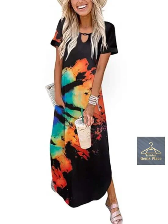 Women's Maxi Summer Dress with Pockets Short Sleeve Sundress Curve Hem Casual