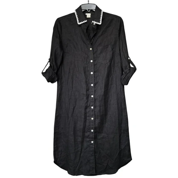 Magaschoni 100% Linen Maxi Shirt Dress Small Black Long Sleeve Resort Tab Sleeve