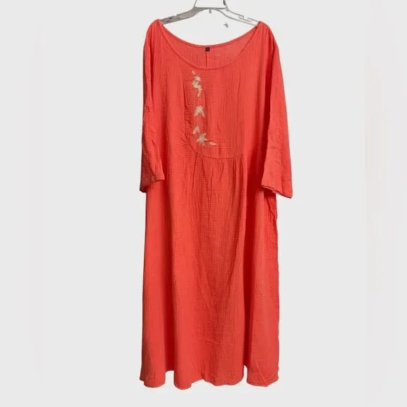 Women's Floral Embroidered Orange Gauze Midi Dress 5XL Crinkle Textured Summer