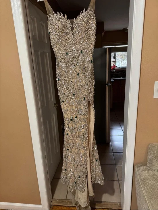 Embellished Champagne Evening Gown with Green Accents