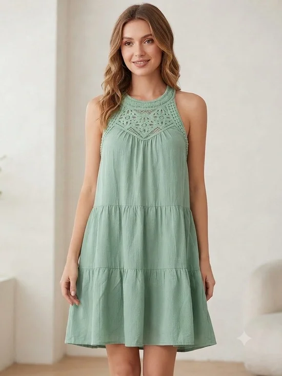 BTFBM Sage Green Crochet Halter Tiered Babydoll Dress Size M