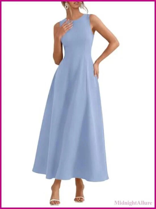 Elegant Sleeveless Maxi Dress with Pockets, Stretch Knit, A-Line, Crew Neck