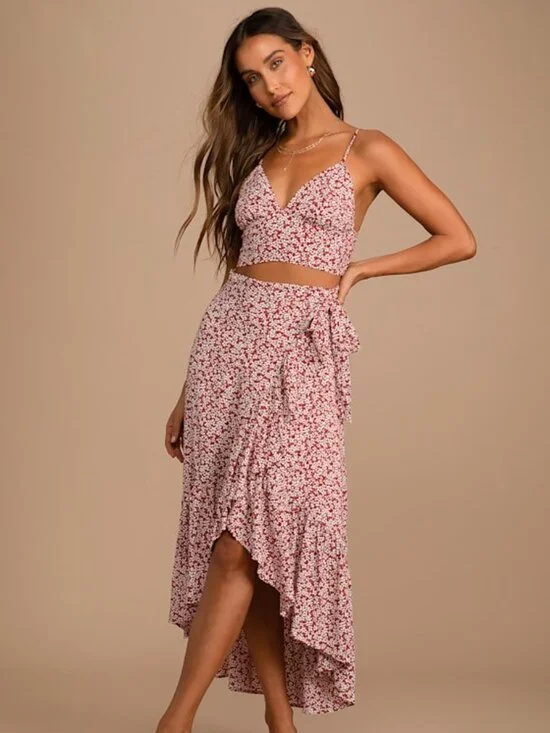 Lulus Summer Romance Rust Brown Floral Print Two-piece Midi Dress - Size M