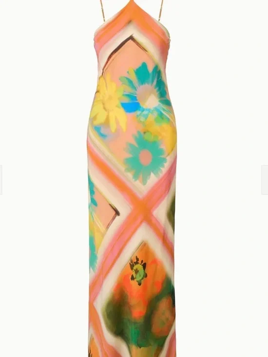 STAUD Superbloom maxi  Watercolor Slip Dress - Peach Multi