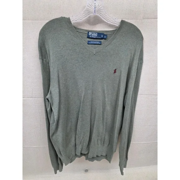 Polo Ralph‎ Lauren Mens V-Neck Sweater Sage Green Pima Cotton Large Pony Logo