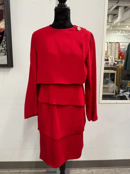 NWT Vintage Darby Scott 2-Piece Red 100% Silk Tiered Dress Set Women's Size 8