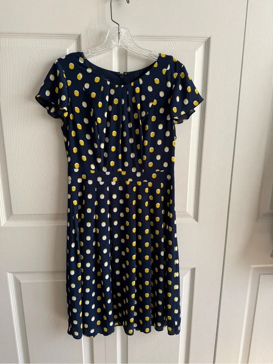 Navy Polka Dot Fit-and-Flare Dress talbots knee length- Yellow & White Dots 4p