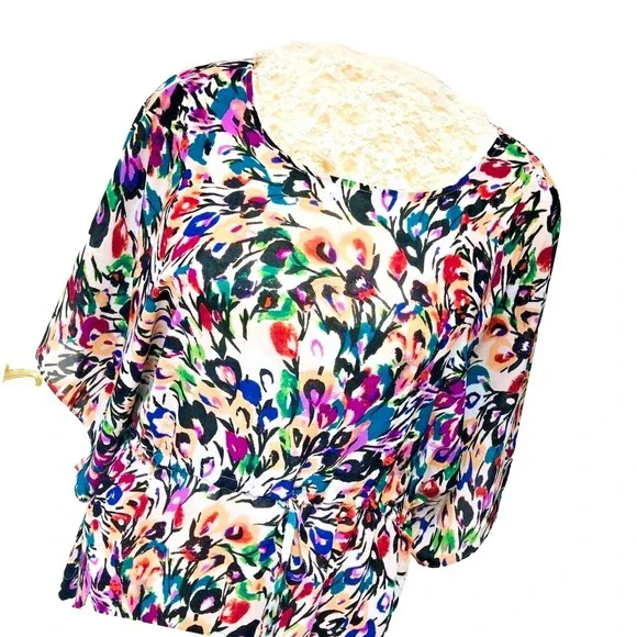 Nicole Miller Kaftan Caftan Dress Abstract Floral Sheer Beachy Fairy Womens L 12