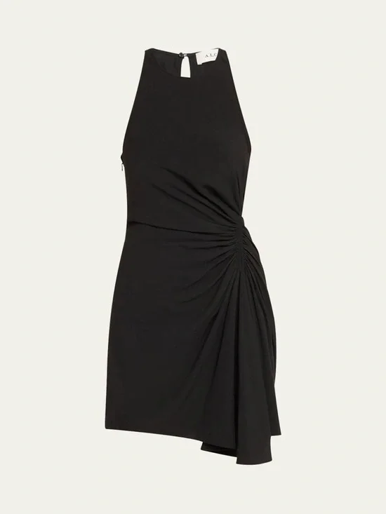 A.L.C. Black Halter Ruched Side Mini Dress with Asymmetric Drape