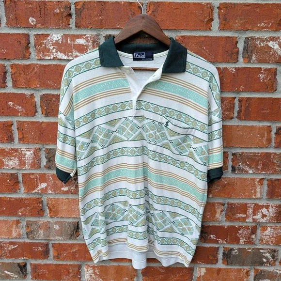 Polo Ralph Lauren Polo Shirt Mens L White Green Geometric Tribal Vintage 90s