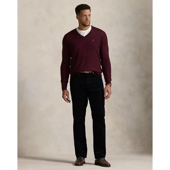 Polo Ralph Lauren Men's Burgundy V-Neck Washable Merino Wool Sweater XL