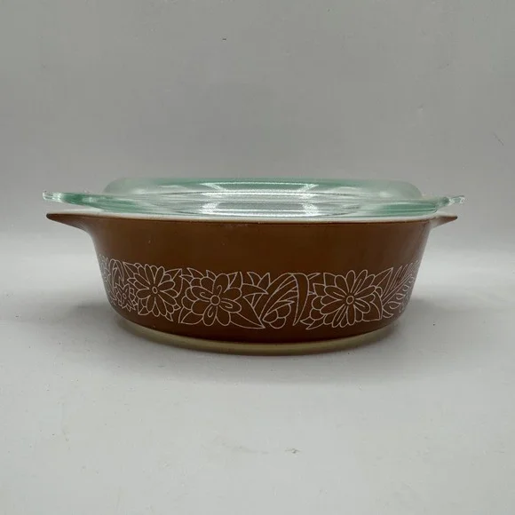 Pyrex Woodland Casserole Dish 500ml Brown White Floral 471-B with Lid 470-C