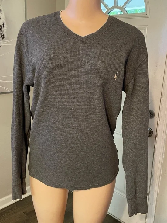 Polo Ralph Lauren waffle knit cotton Charcoal V-Neck Long Sleeve Shirt Medium