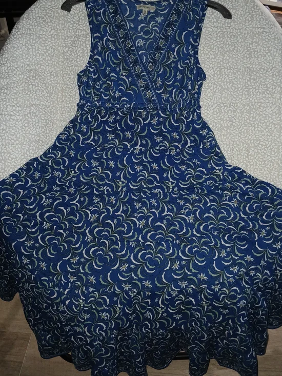 Max Studio Navy Green and White Sleeveless Floral Daisy V Neck  Dress Sz XS