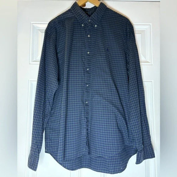 Polo Ralph Lauren Mens Slim Fit Cotton Micro Check Button Down Shirt Navy Green