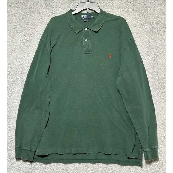 VTG Polo Ralph Lauren Heavyweight Long Sleeve Polo Shirt Mens XXL Green Red Pony