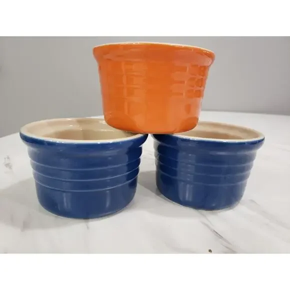 Lot 3 Le Creuset Ramekin Small Blue Orange‎ Bowl 4 Oz
