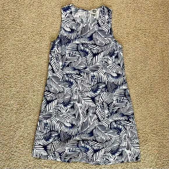 ANNE KLEIN Linen Blend Sleeveless A Line Dress Palm Print Blue White Size 6