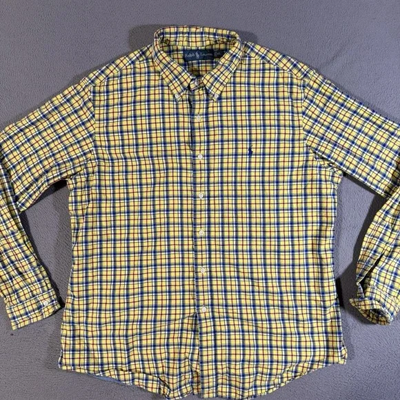 Polo Ralph Lauren Mens Button Up Shirt Thick Heavy XL Blue Yellow Plaid‎ Down