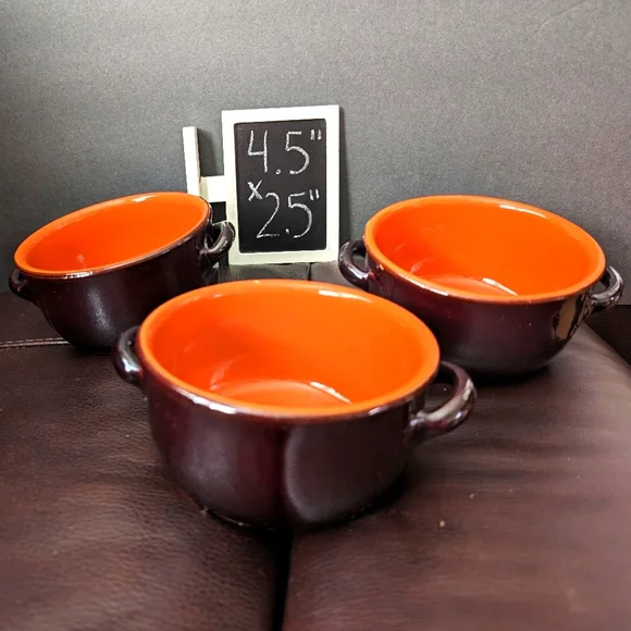 Vintage redware brown/ orange glazed crockery soup bowls with handles lot‎ of 3