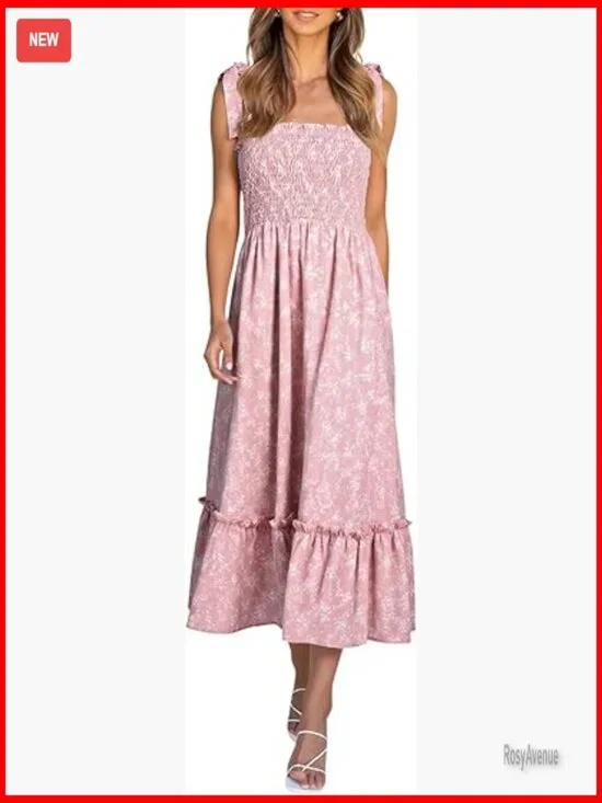 Summer Maxi Dress Floral Boho Tie Strap Sleeveless Smocked A-Line Beach