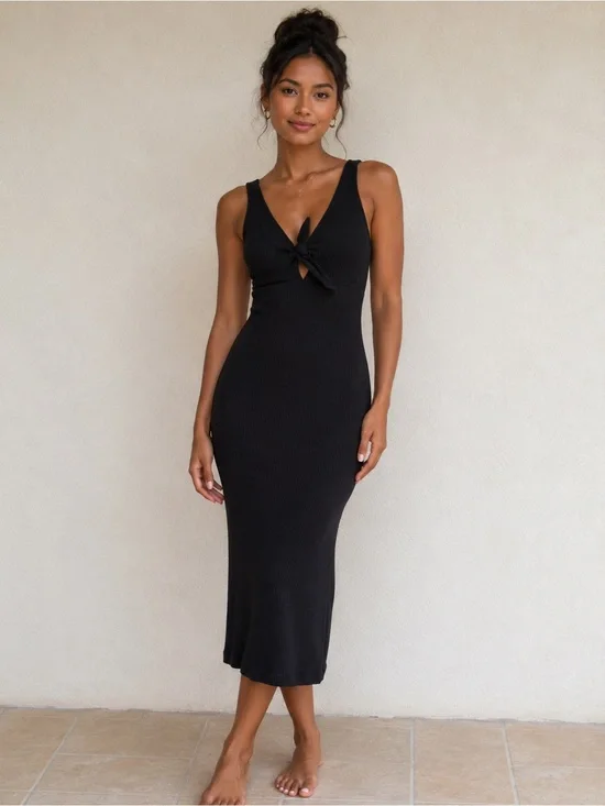 Farm Rio Black Ribbed Knit Dress Tie at Bust sz P = Small EUC