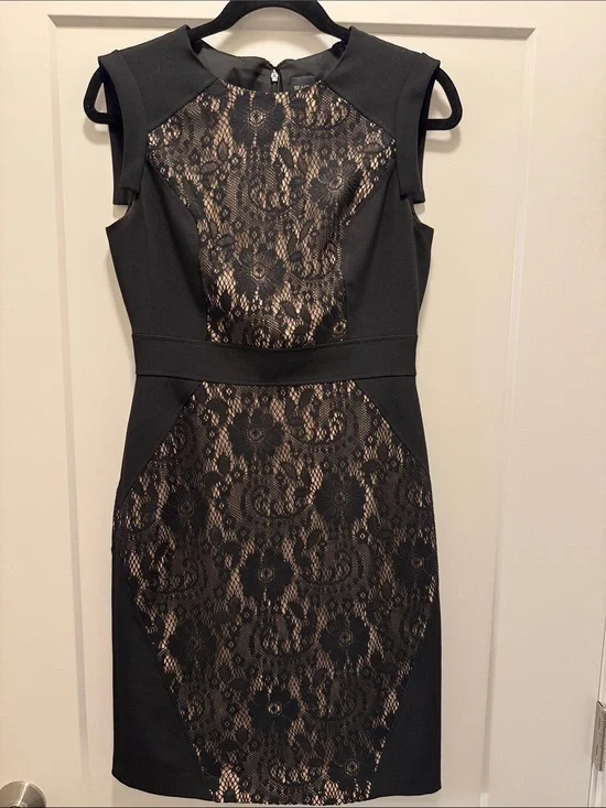 🆕Black label Saks Fifth Avenue Black Lace Midi Dress with Nude Lining. 4. NWOT!🔥