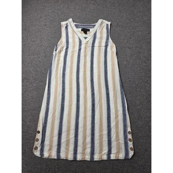 Tahari Shift Dress Womens XS Multi Striped Linen Blend Sleeveless Side Button