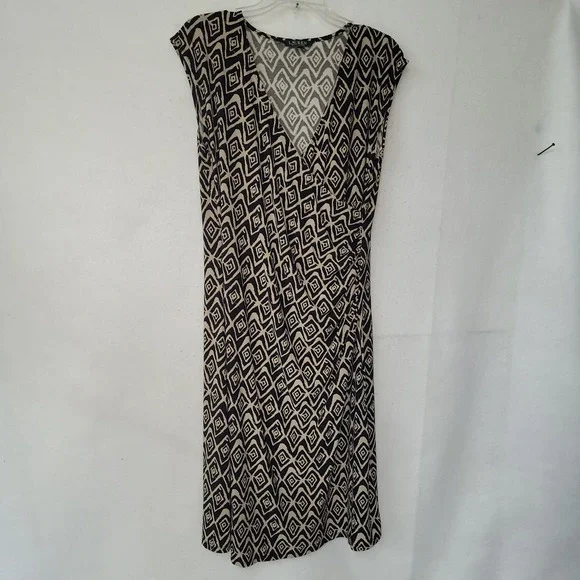 Lauren Ralph Lauren Dress Large‎ Black Beige Diamond Print Sleeveless Ruched