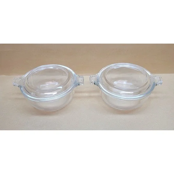 Set of 2 Vintage Pyrex 018 Clear Glass 10oz Round Casserole Dishes with Lids USA