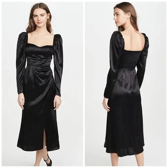 Reformation Women's Black Rey Long puff‎ sleeves 100% Silk Dress Size 6