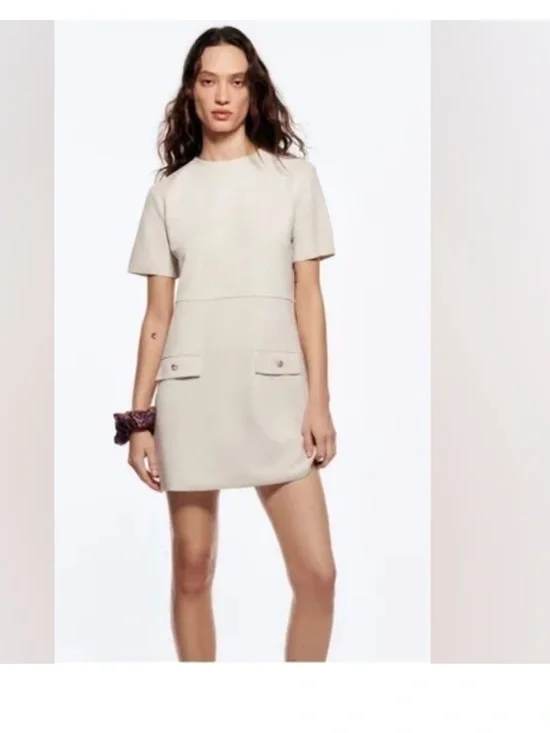 Zara Cream Short Sleeve Mini Dress with Pocket Flaps
