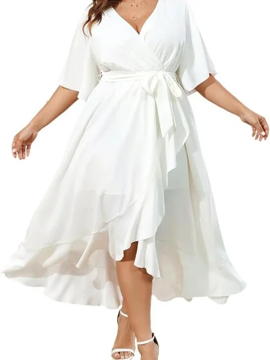 Amazon White Short Sleeve Wrap Ruffle High-Low Midi Dress