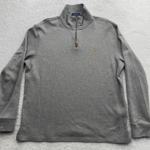 Polo Ralph Lauren Mens Large Gray Cotton Quarter Zip Pullover Sweater Mock Neck