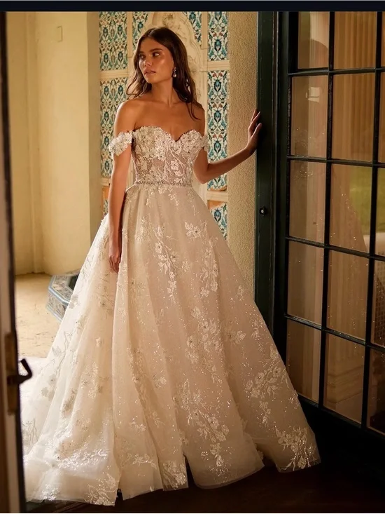 Off-Shoulder Lace Appliqué Ball Gown Dress in Champagne
