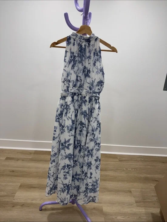 Women’s Sleeveless Floral Print Maxi Dress - Blue & White