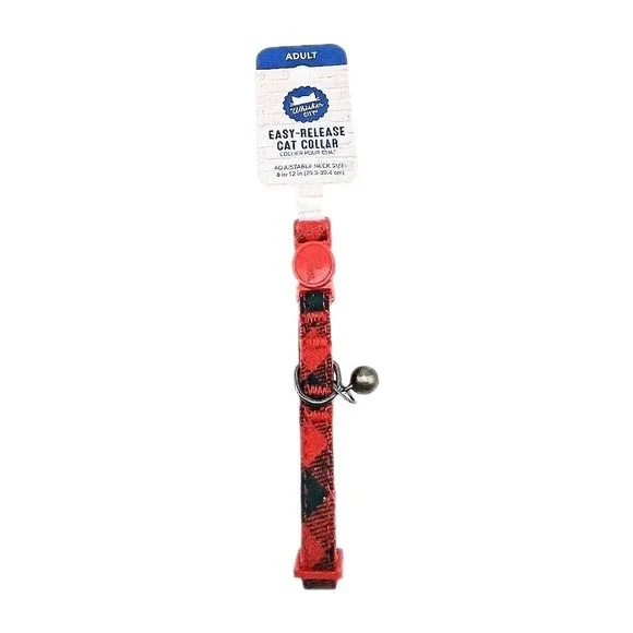 Whisker‎ City Adult Red Plaid Cat Collar Easy-Release w/ Bell Adjustable 8-12