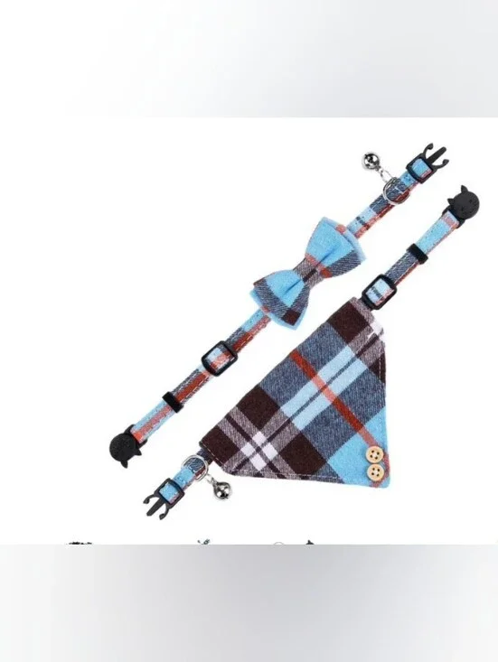 Cat/Kitten 😺 Collar Plaid Bandana with Bells and Bowtie, 2 Packs