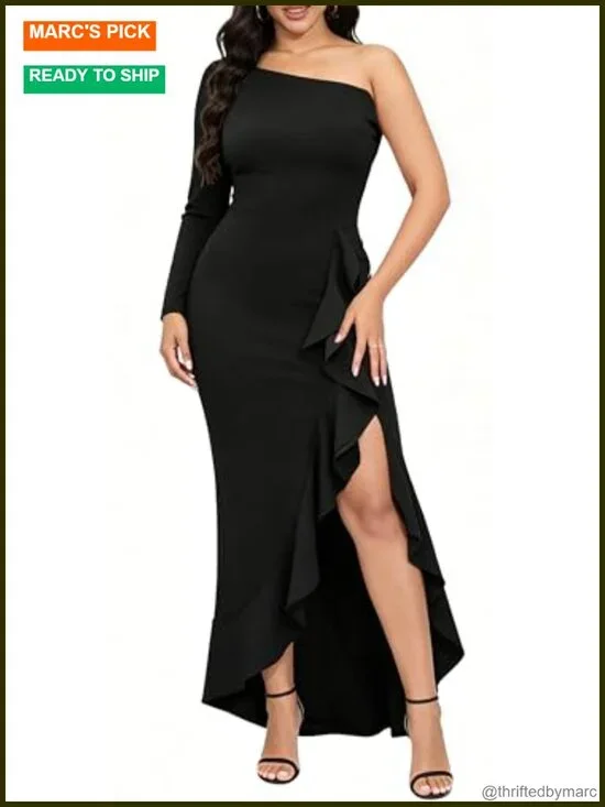 Women's One Shoulder Long Sleeve Bodycon Ruched Wrap Split Formal Mermaid Dress
