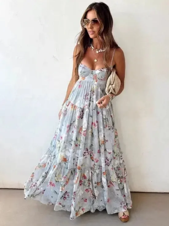 🆕👗 Light Blue Floral open Back Maxi Dress with Spaghetti Straps NWT
