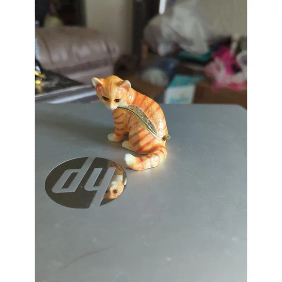 Orange Striped Cat Trinket Box Hinged Jeweled Collar Enameled  Heavy