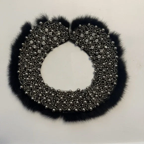 Vintage Handmade Fur & Faux Pearl Beaded Collar Necklace Black For Tops,Sweaters