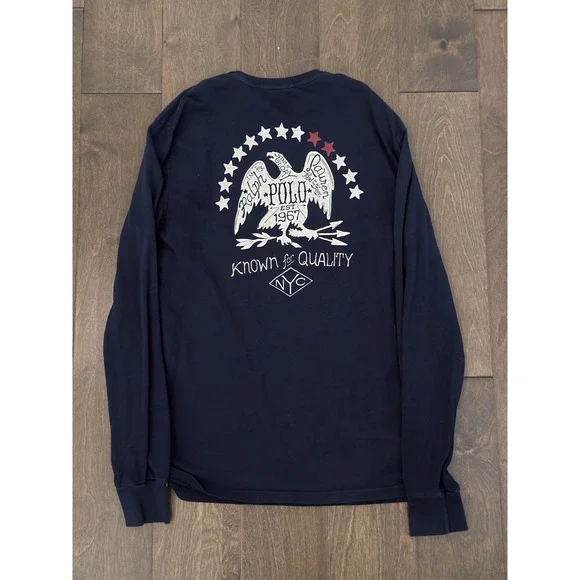 Polo Ralph Lauren Mens Custom Fit Long Sleeve Crewneck Tee Blue Eagle USA‎ Shirt