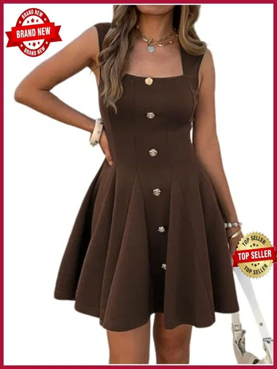 Women Sleeveless Square Neck Flowy A Line Mini Dress with Pockets