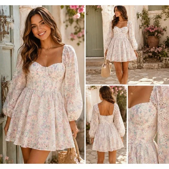 City Studios Floral Eyelet Corset Mini Dress Pastel Pink Blue XL