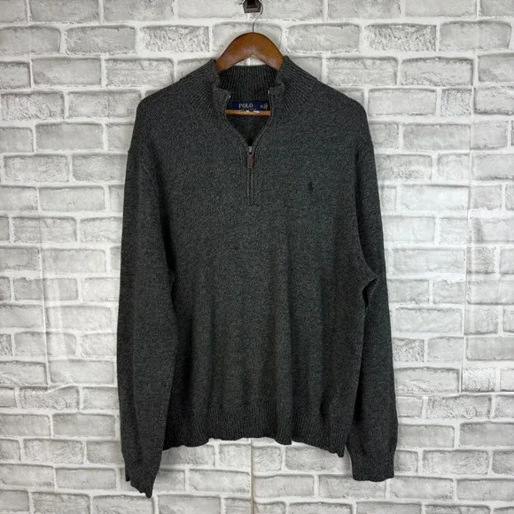 Polo Ralph Lauren Mens XXL Gray Cotton Quarter Zip Pullover Sweater Heathered