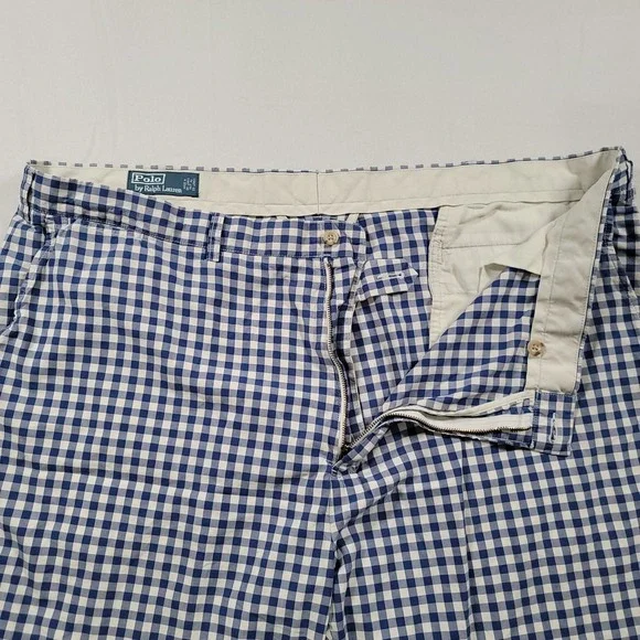 Polo Ralph Lauren Shorts Mens 46 Big Blue White Gingham Plaid‎ Cotton Classic