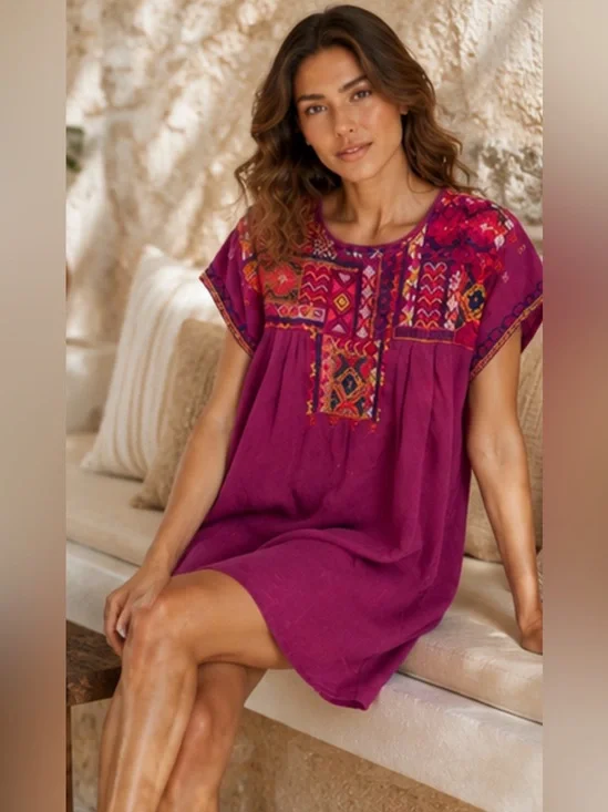 Johnny Was Embroidered Linen Shift Dress | Boho Artisan Tunic | Medium