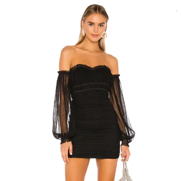 Majorelle Zata Dress Black Ruched Long‎ Sleeve Off Shoulder Women's Sz XS